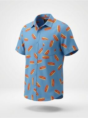 Light Blue Short-Sleeve Hot Dog Print Button-Down Shirt